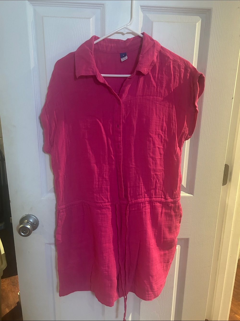 Women’s Pink Drawstring Button Front Romper